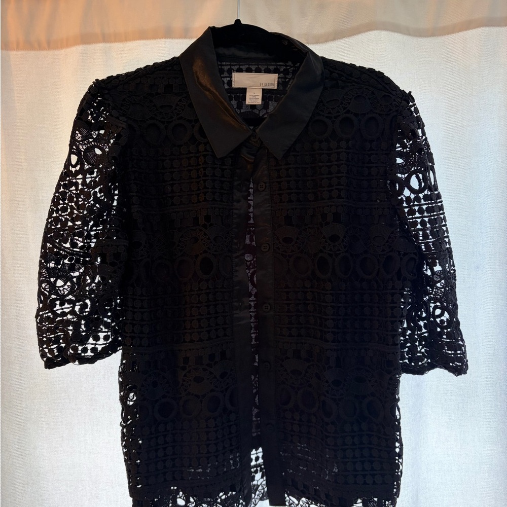 Black Crochet Button-Down Blouse with Satin Collar